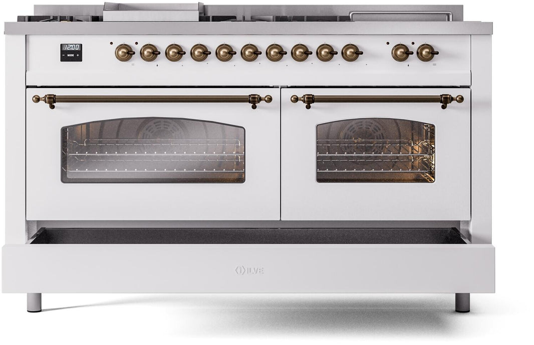 ILVE Nostalgie II 60-Inch Dual Fuel Freestanding Range in White with Bronze Trim (UP60FSNMPWHB)