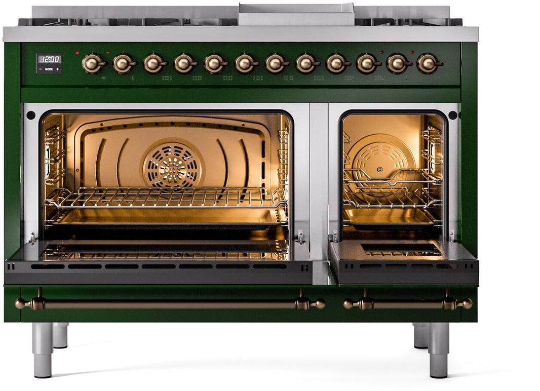 ILVE Nostalgie II 48-Inch Dual Fuel Freestanding Range in Emerald Green with Bronze Trim (UP48FNMPEGB)