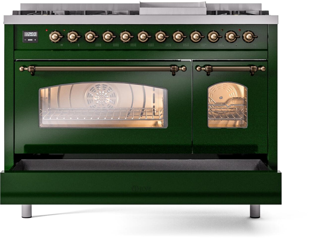 ILVE Nostalgie II 48-Inch Dual Fuel Freestanding Range in Emerald Green with Bronze Trim (UP48FNMPEGB)