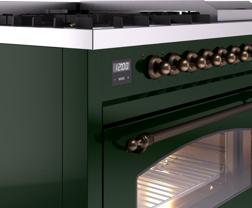 ILVE Nostalgie II 48-Inch Dual Fuel Freestanding Range in Emerald Green with Bronze Trim (UP48FNMPEGB)