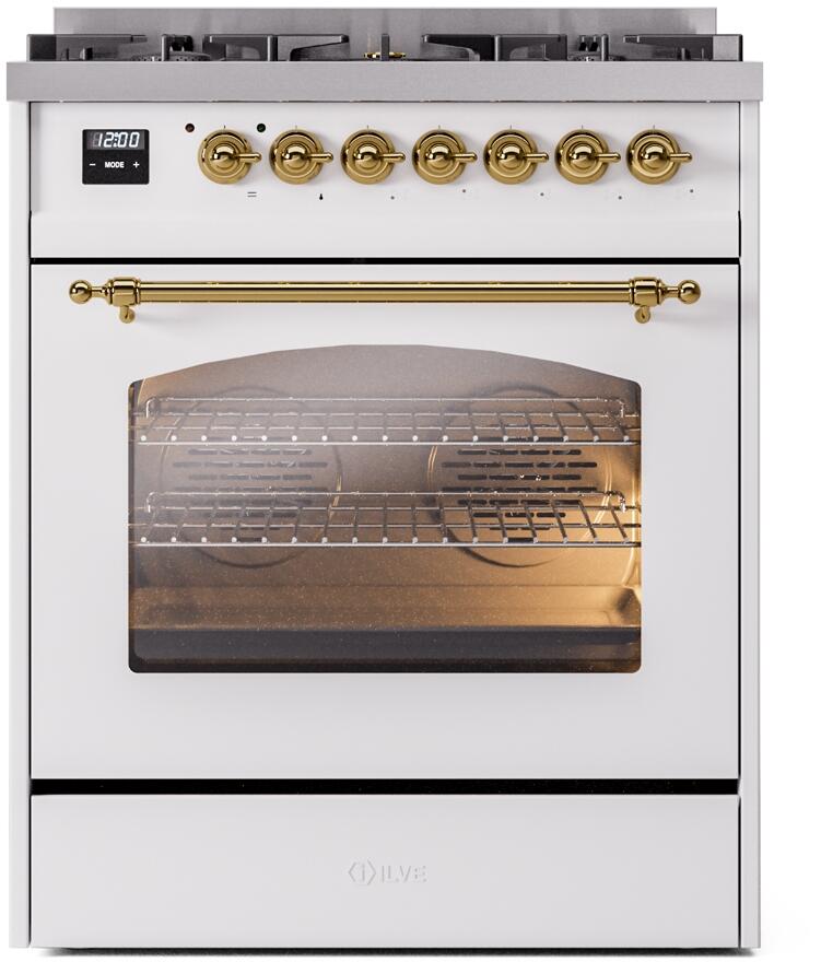 ILVE Nostalgie II 30-Inch Dual Fuel Freestanding Range in White with Brass Trim (UP30NMPWHG)