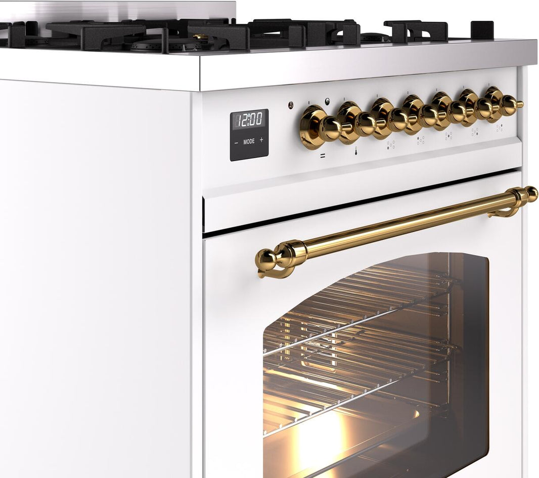 ILVE Nostalgie II 30-Inch Dual Fuel Freestanding Range in White with Brass Trim (UP30NMPWHG)