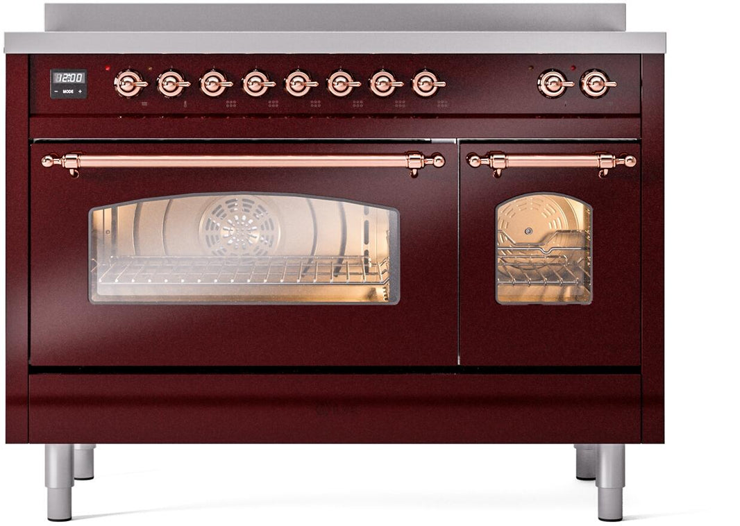 ILVE Nostalgie II 48-Inch Freestanding Electric Induction Range in Burgundy with Copper Trim (UPI486NMPBUP)