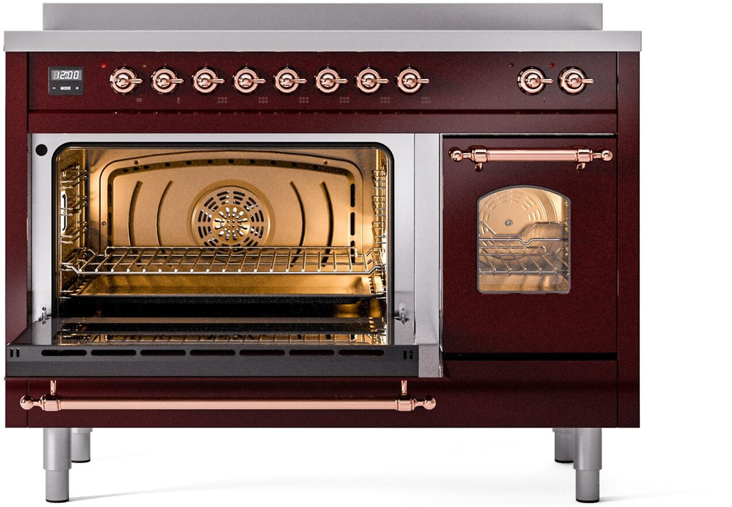 ILVE Nostalgie II 48-Inch Freestanding Electric Induction Range in Burgundy with Copper Trim (UPI486NMPBUP)