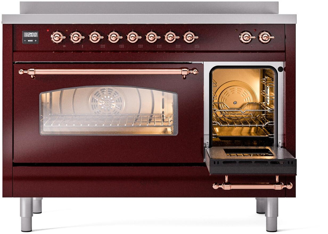 ILVE Nostalgie II 48-Inch Freestanding Electric Induction Range in Burgundy with Copper Trim (UPI486NMPBUP)