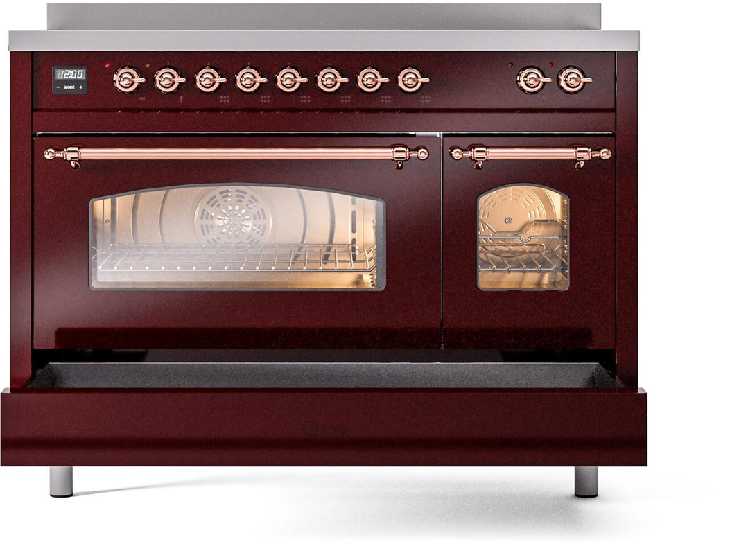 ILVE Nostalgie II 48-Inch Freestanding Electric Induction Range in Burgundy with Copper Trim (UPI486NMPBUP)