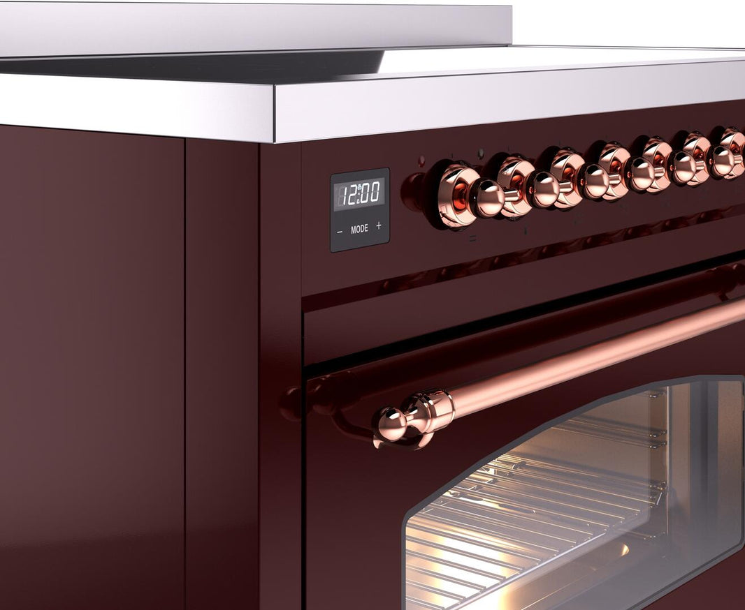 ILVE Nostalgie II 48-Inch Freestanding Electric Induction Range in Burgundy with Copper Trim (UPI486NMPBUP)