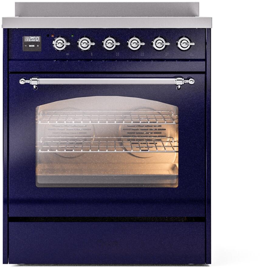 ILVE Nostalgie II 30-Inch Freestanding Electric Induction Range in Midnight Blue with Chrome Trim (UPI304NMPMBC)