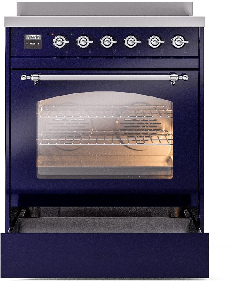 ILVE Nostalgie II 30-Inch Freestanding Electric Induction Range in Midnight Blue with Chrome Trim (UPI304NMPMBC)