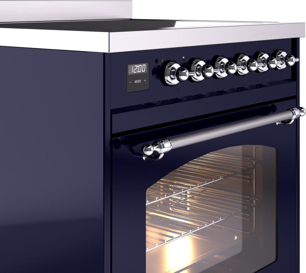 ILVE Nostalgie II 30-Inch Freestanding Electric Induction Range in Midnight Blue with Chrome Trim (UPI304NMPMBC)