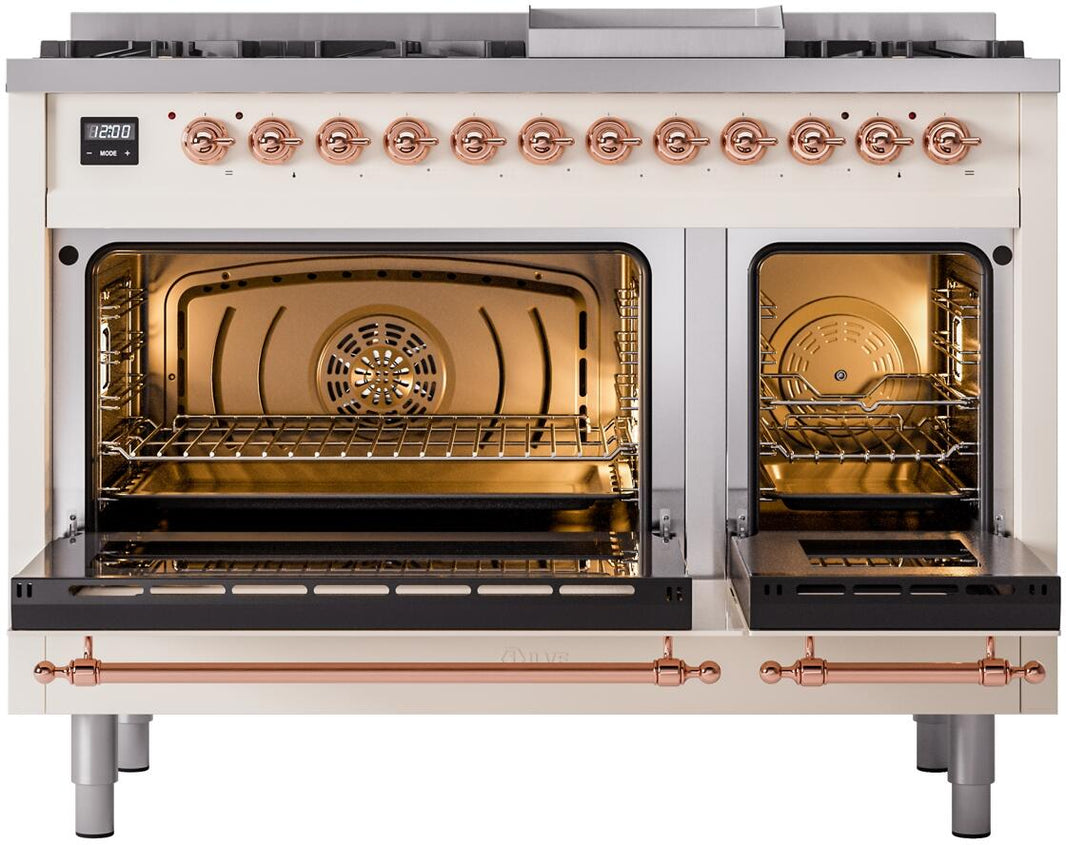 ILVE Nostalgie II 48-Inch Dual Fuel Freestanding Range in Antique White with Copper Trim (UP48FNMPAWP)