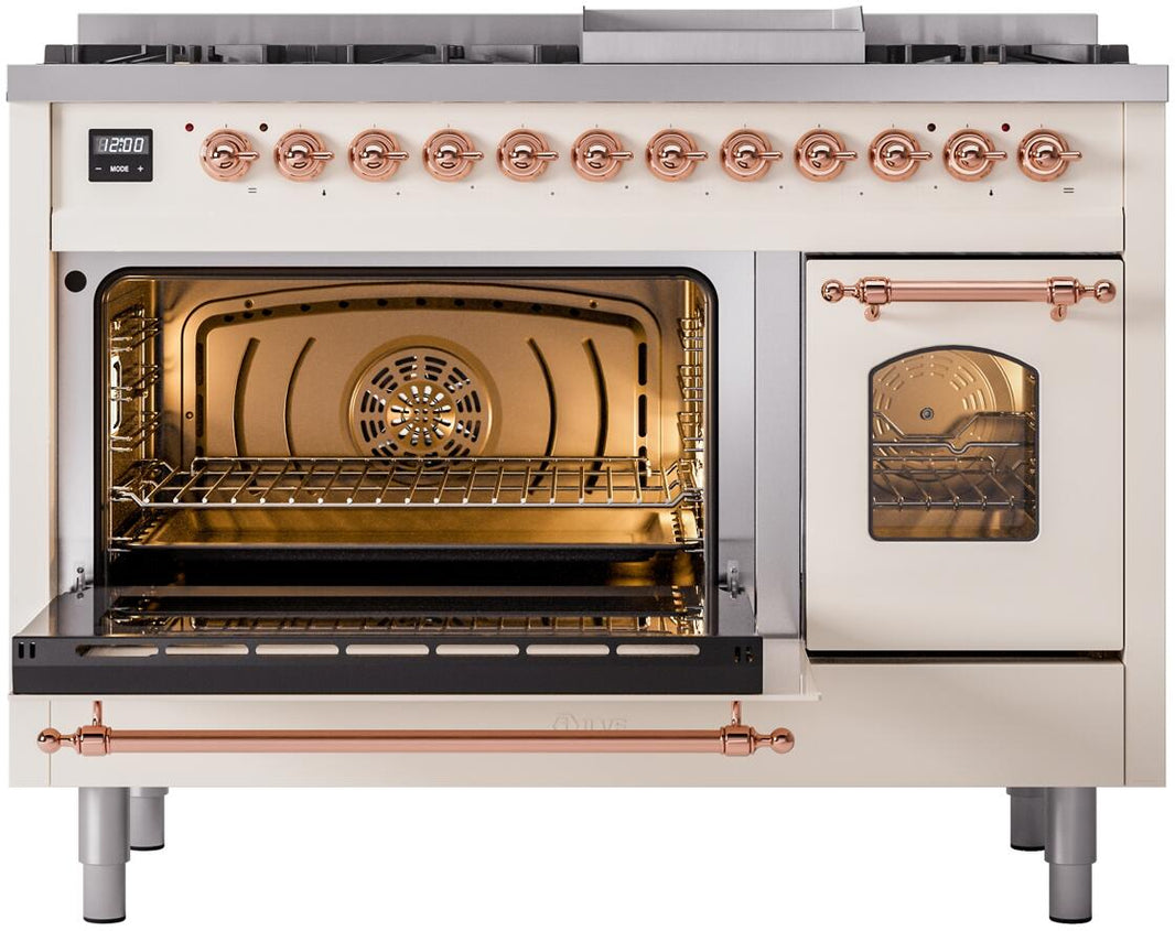 ILVE Nostalgie II 48-Inch Dual Fuel Freestanding Range in Antique White with Copper Trim (UP48FNMPAWP)