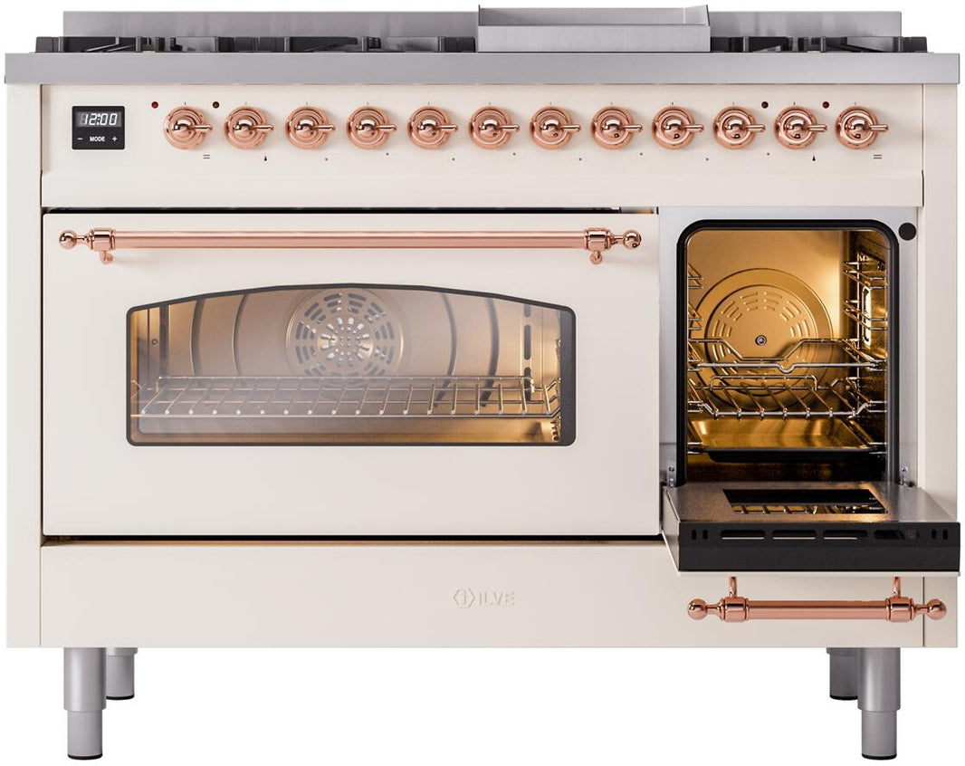 ILVE Nostalgie II 48-Inch Dual Fuel Freestanding Range in Antique White with Copper Trim (UP48FNMPAWP)