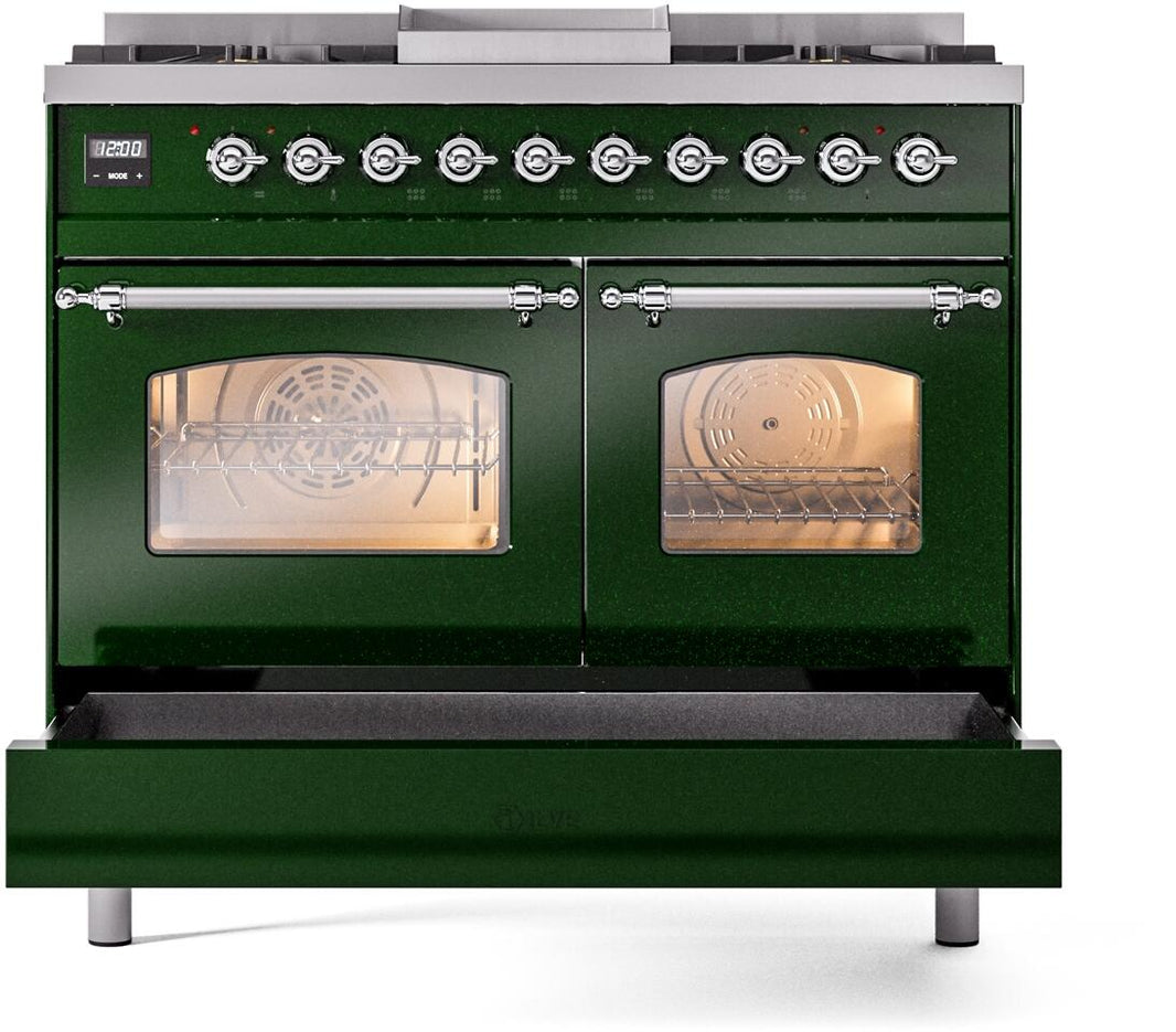 ILVE Nostalgie II 40-Inch Dual Fuel Freestanding Range in Emerald Green with Chrome Trim (UPD40FNMPEGC)