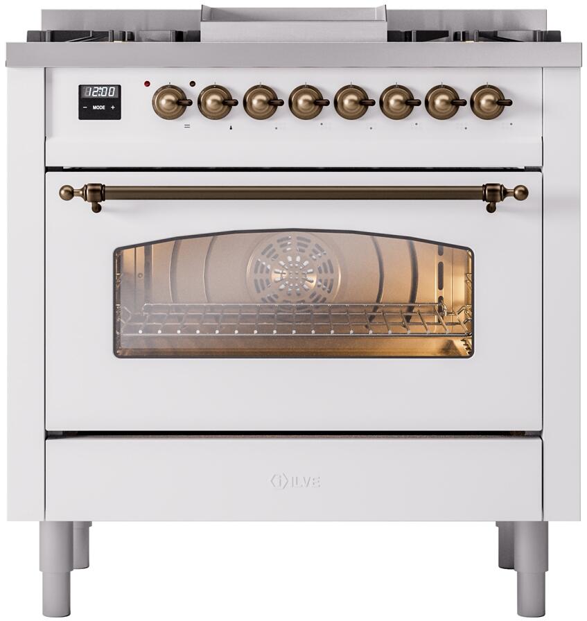 ILVE Nostalgie II 36-Inch Dual Fuel Freestanding Range in White with Bronze Trim (UP36FNMPWHB)