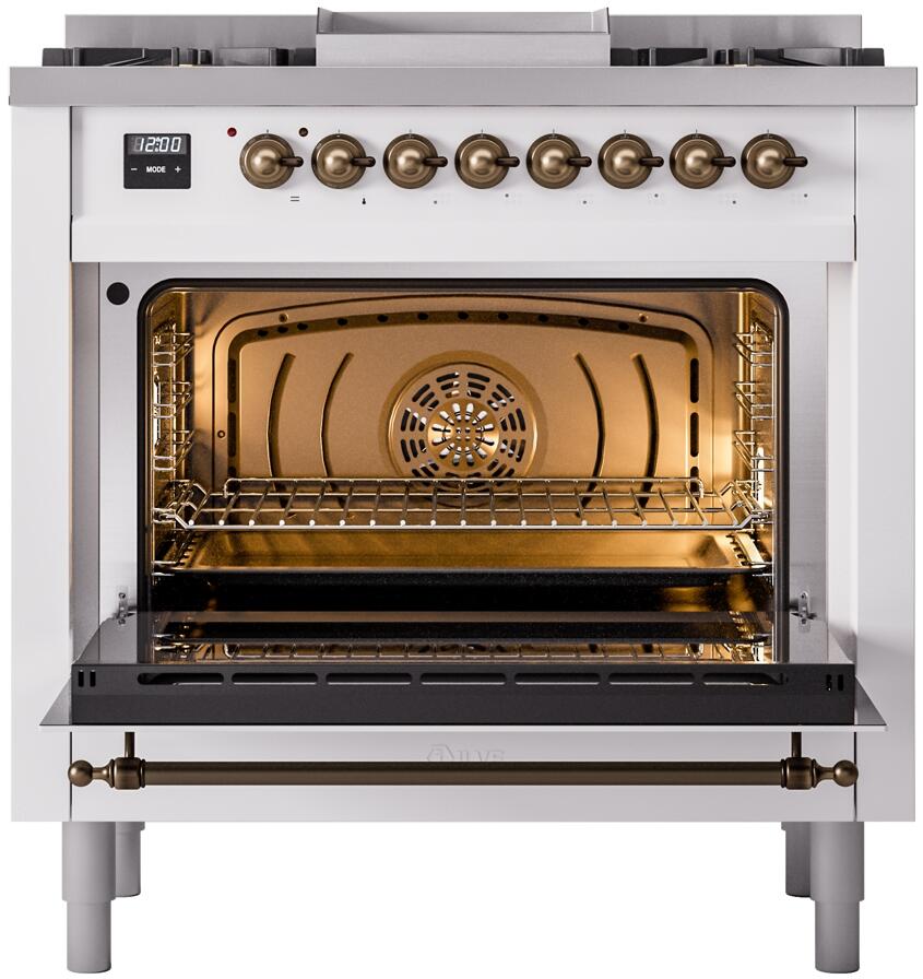 ILVE Nostalgie II 36-Inch Dual Fuel Freestanding Range in White with Bronze Trim (UP36FNMPWHB)