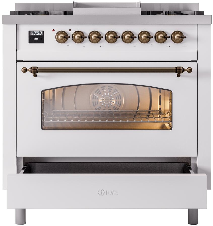 ILVE Nostalgie II 36-Inch Dual Fuel Freestanding Range in White with Bronze Trim (UP36FNMPWHB)