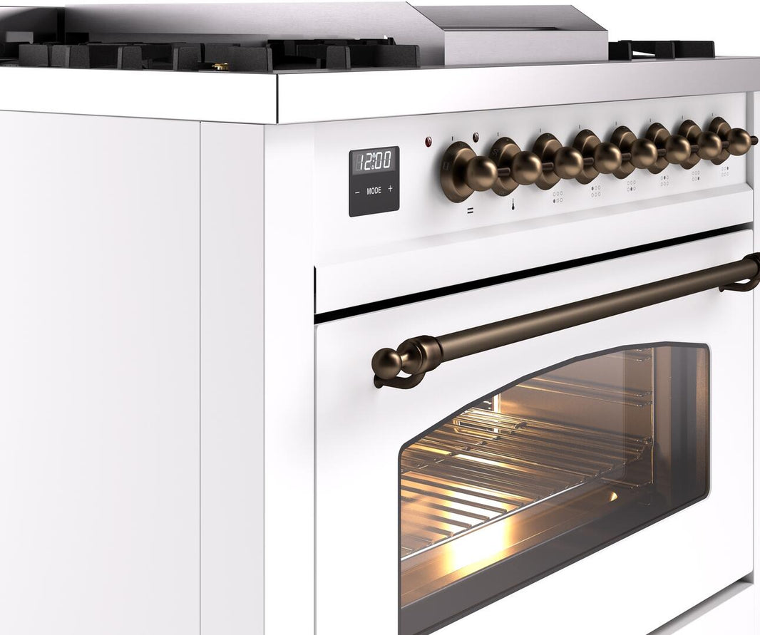 ILVE Nostalgie II 36-Inch Dual Fuel Freestanding Range in White with Bronze Trim (UP36FNMPWHB)