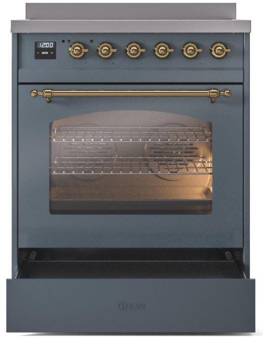 ILVE Nostalgie II 30-Inch Freestanding Electric Induction Range in Blue Grey with Brass Trim (UPI304NMPBGG)