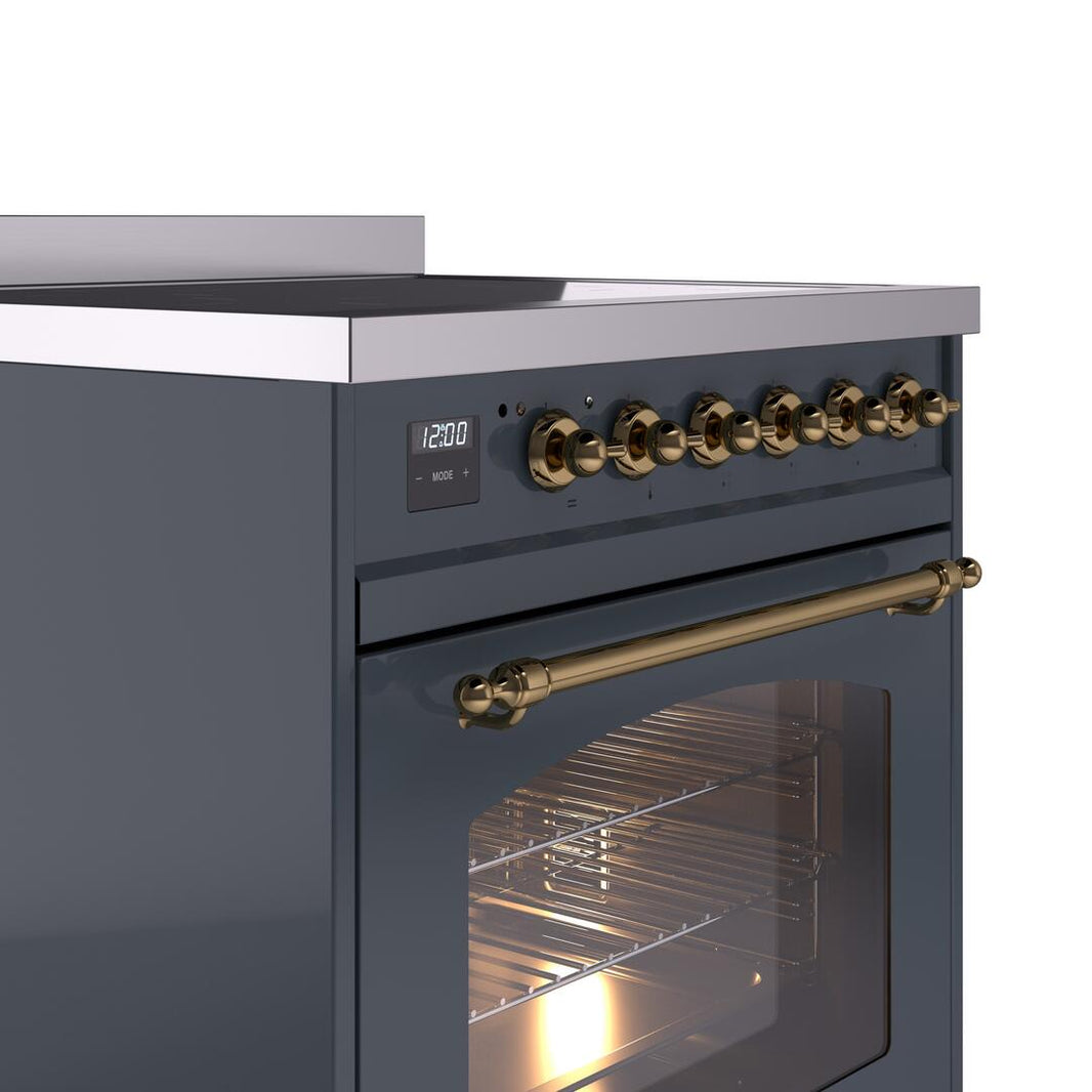 ILVE Nostalgie II 30-Inch Freestanding Electric Induction Range in Blue Grey with Brass Trim (UPI304NMPBGG)