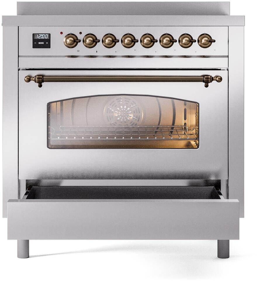 ILVE Nostalgie II 36-Inch Freestanding Electric Induction Range in Stainless Steel with Bronze Trim (UPI366NMPSSB)