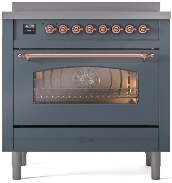 ILVE Nostalgie II 36-Inch Freestanding Electric Induction Range in Blue Grey with Copper Trim (UPI366NMPBGP)