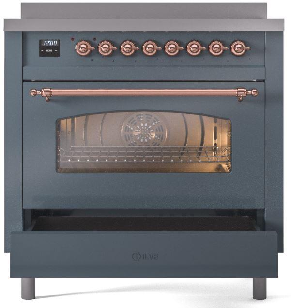 ILVE Nostalgie II 36-Inch Freestanding Electric Induction Range in Blue Grey with Copper Trim (UPI366NMPBGP)