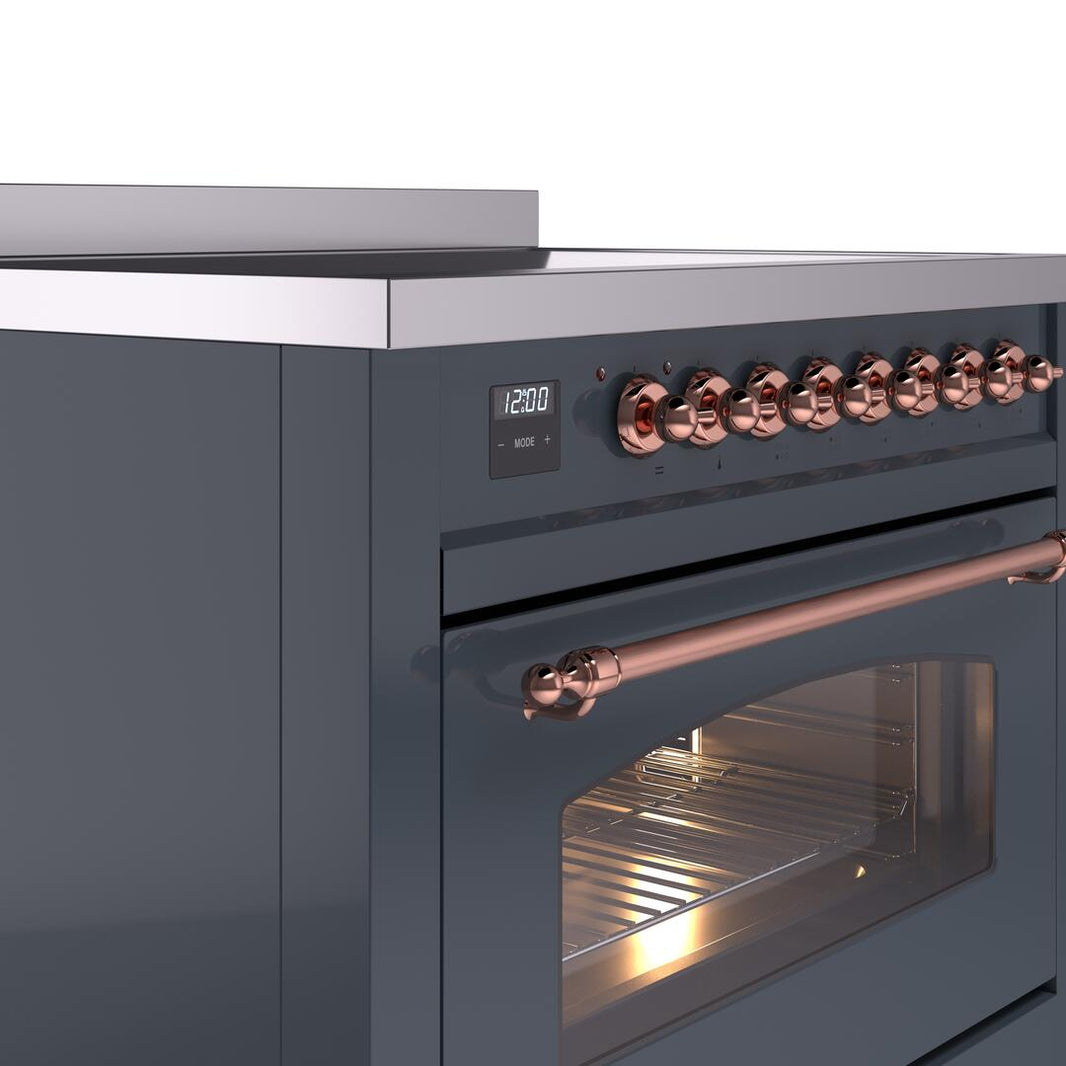 ILVE Nostalgie II 36-Inch Freestanding Electric Induction Range in Blue Grey with Copper Trim (UPI366NMPBGP)