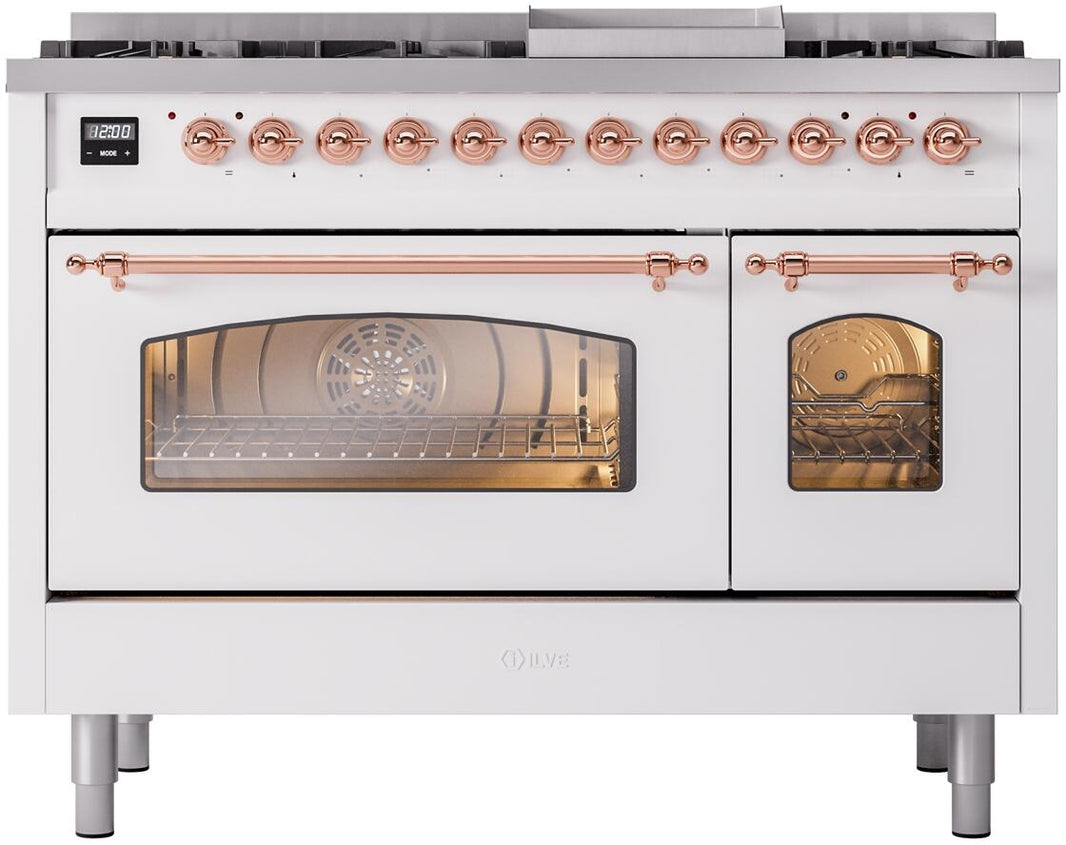 ILVE Nostalgie II 48-Inch Dual Fuel Freestanding Range in White with Copper Trim (UP48FNMPWHP)