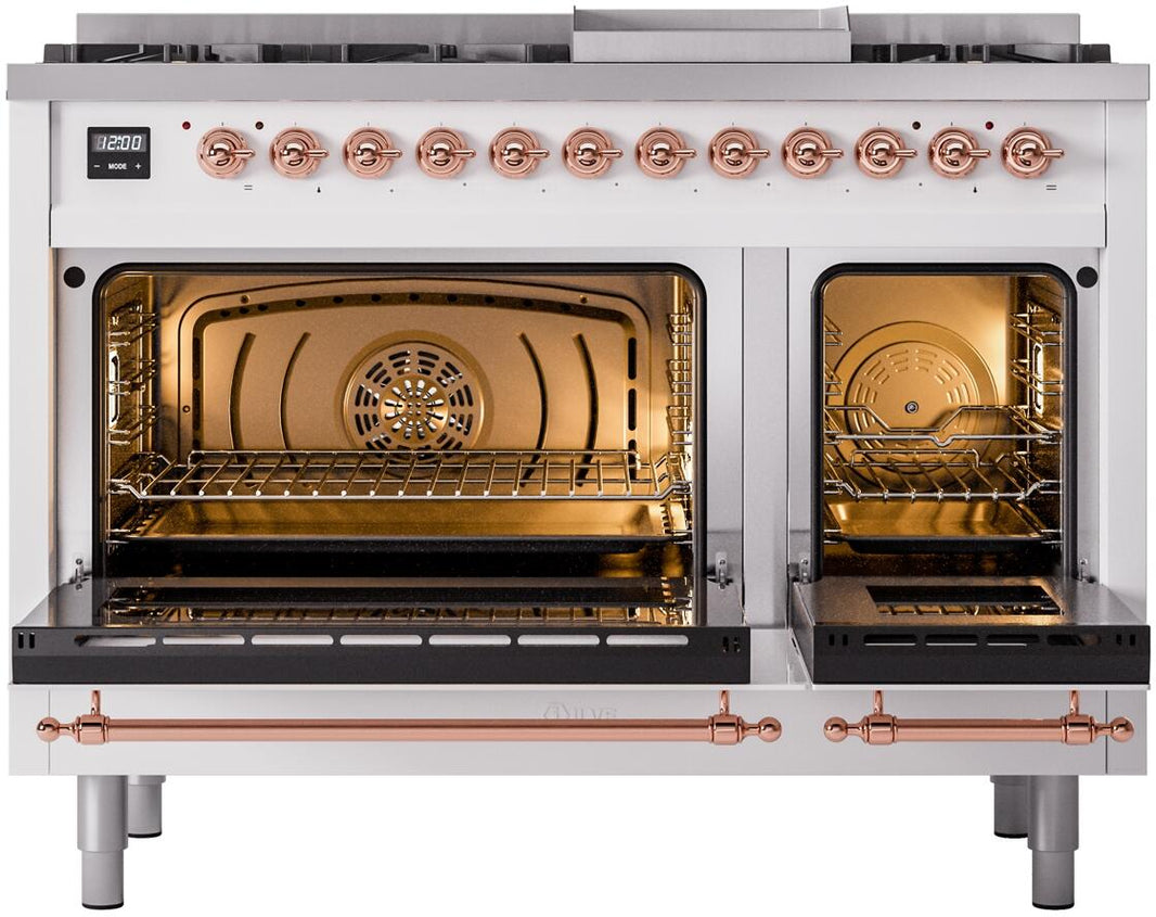 ILVE Nostalgie II 48-Inch Dual Fuel Freestanding Range in White with Copper Trim (UP48FNMPWHP)