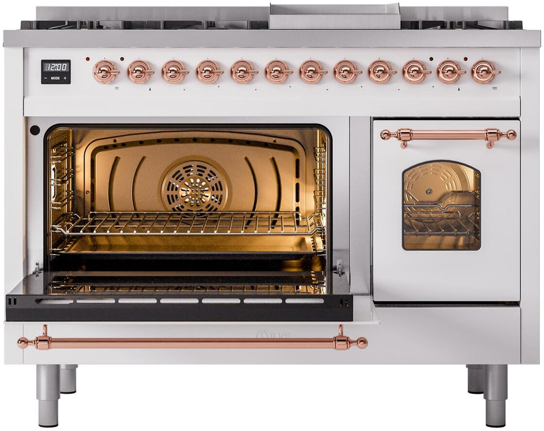 ILVE Nostalgie II 48-Inch Dual Fuel Freestanding Range in White with Copper Trim (UP48FNMPWHP)