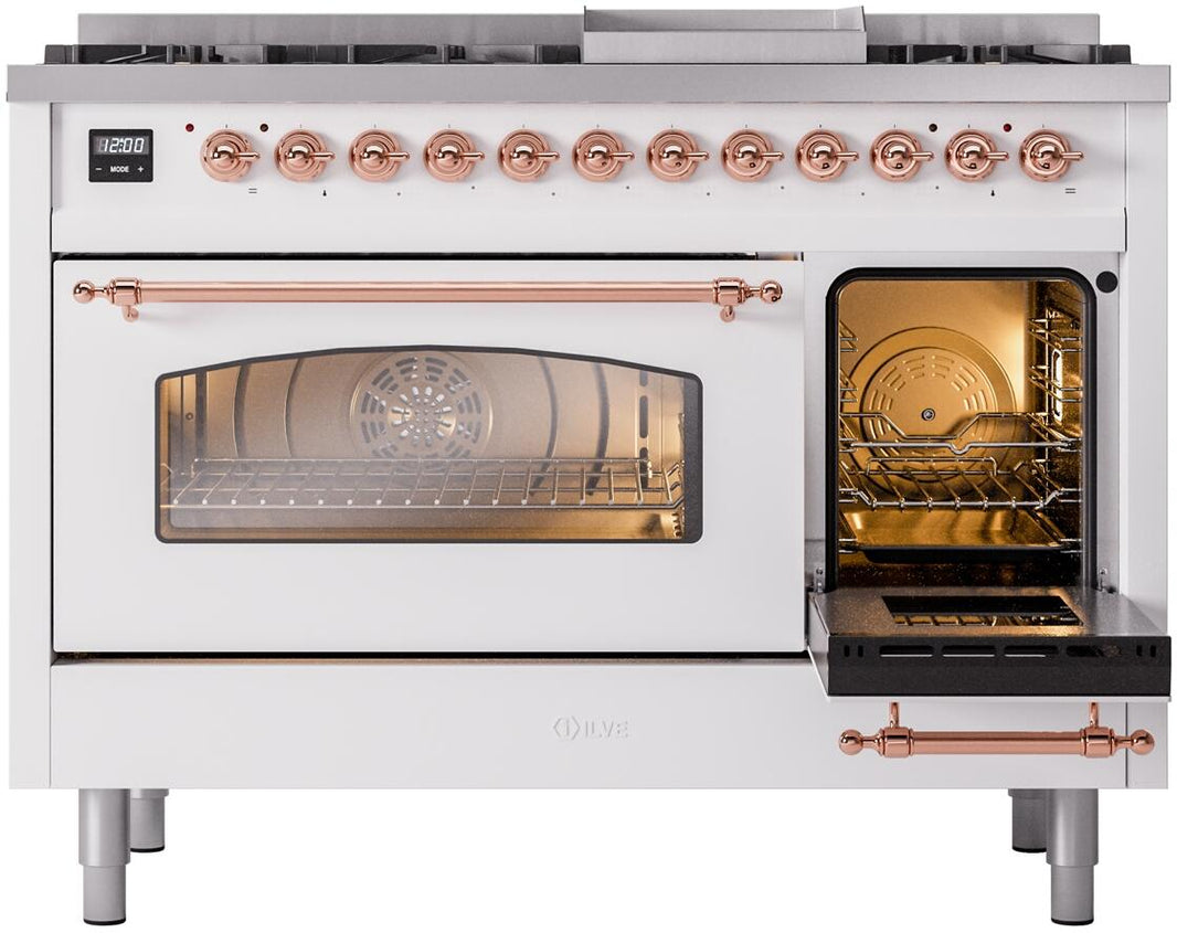 ILVE Nostalgie II 48-Inch Dual Fuel Freestanding Range in White with Copper Trim (UP48FNMPWHP)