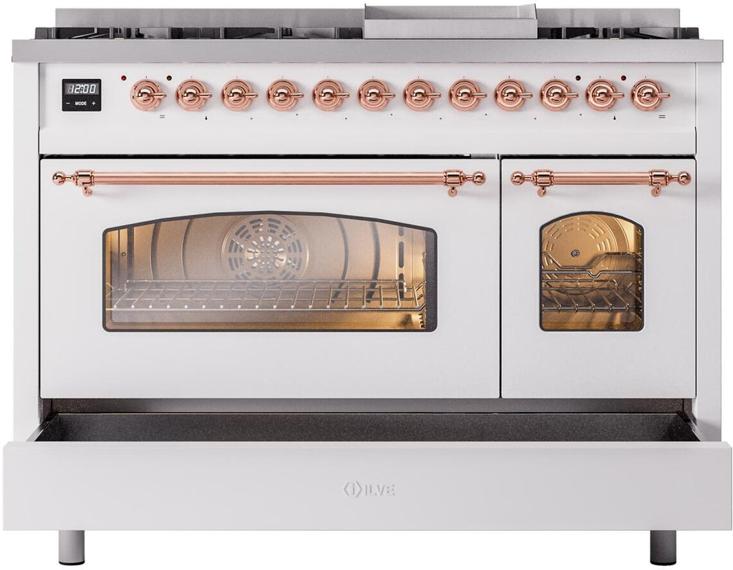 ILVE Nostalgie II 48-Inch Dual Fuel Freestanding Range in White with Copper Trim (UP48FNMPWHP)