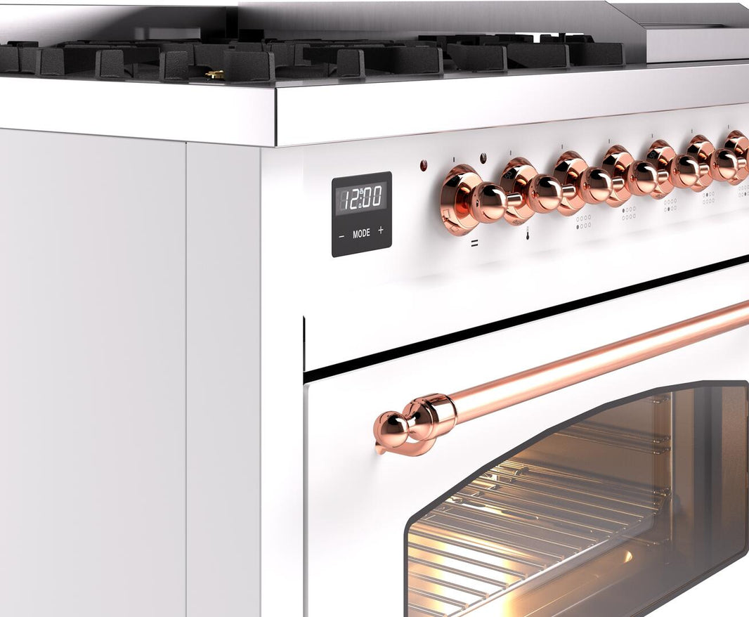 ILVE Nostalgie II 48-Inch Dual Fuel Freestanding Range in White with Copper Trim (UP48FNMPWHP)