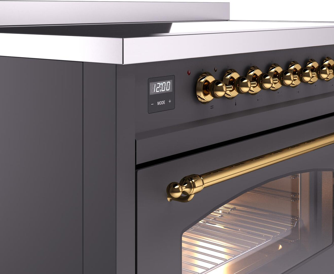 ILVE Nostalgie II 48-Inch Freestanding Electric Induction Range in Matte Graphite with Brass Trim (UPI486NMPMGG)