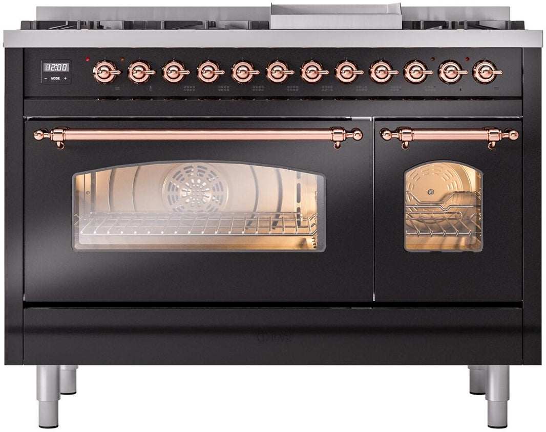 ILVE Nostalgie II 48-Inch Dual Fuel Freestanding Range in Glossy Black with Copper Trim (UP48FNMPBKP)