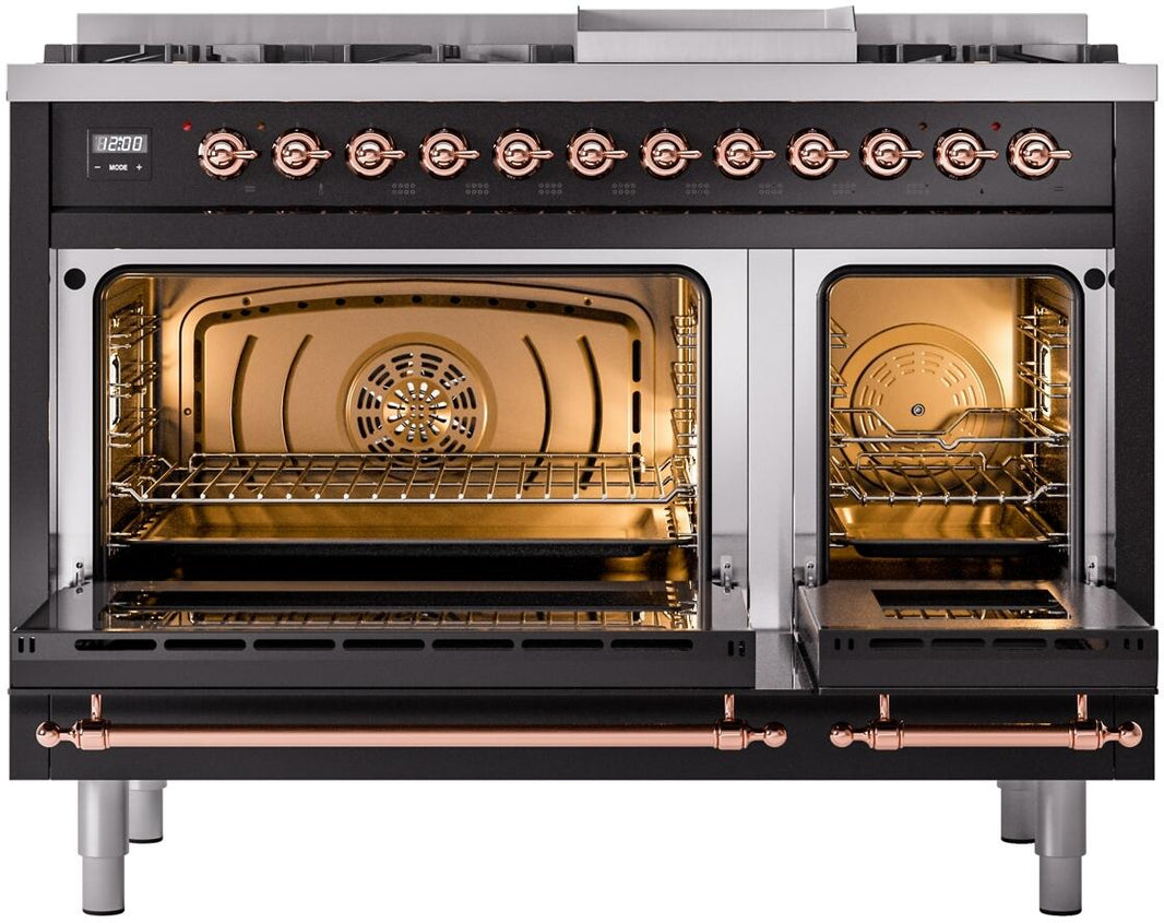 ILVE Nostalgie II 48-Inch Dual Fuel Freestanding Range in Glossy Black with Copper Trim (UP48FNMPBKP)