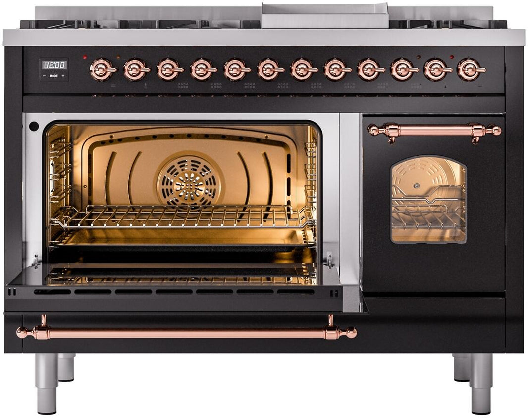 ILVE Nostalgie II 48-Inch Dual Fuel Freestanding Range in Glossy Black with Copper Trim (UP48FNMPBKP)