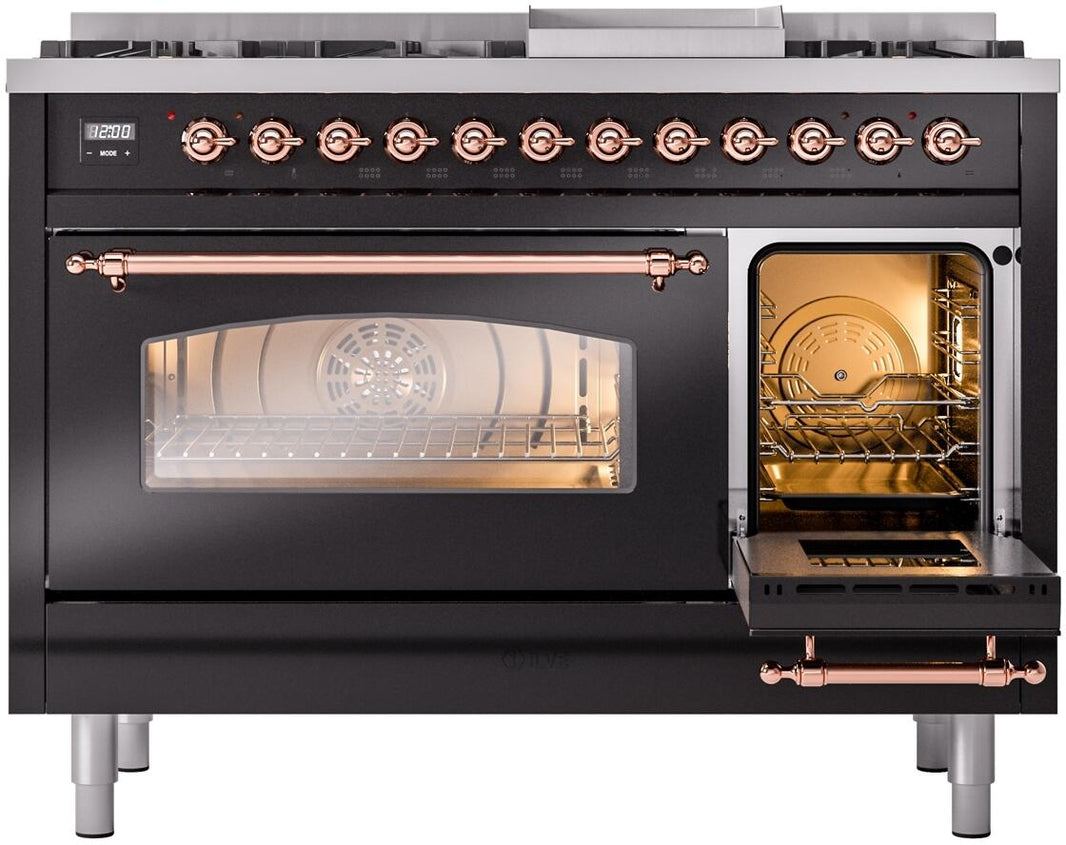 ILVE Nostalgie II 48-Inch Dual Fuel Freestanding Range in Glossy Black with Copper Trim (UP48FNMPBKP)