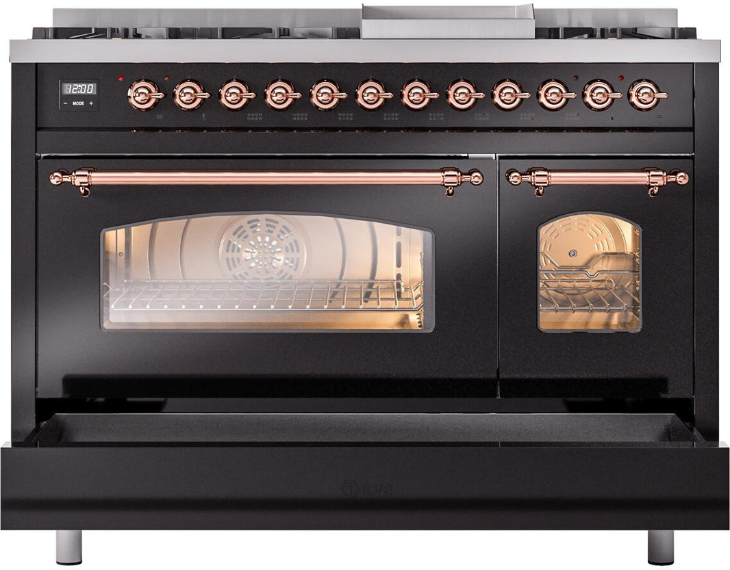 ILVE Nostalgie II 48-Inch Dual Fuel Freestanding Range in Glossy Black with Copper Trim (UP48FNMPBKP)