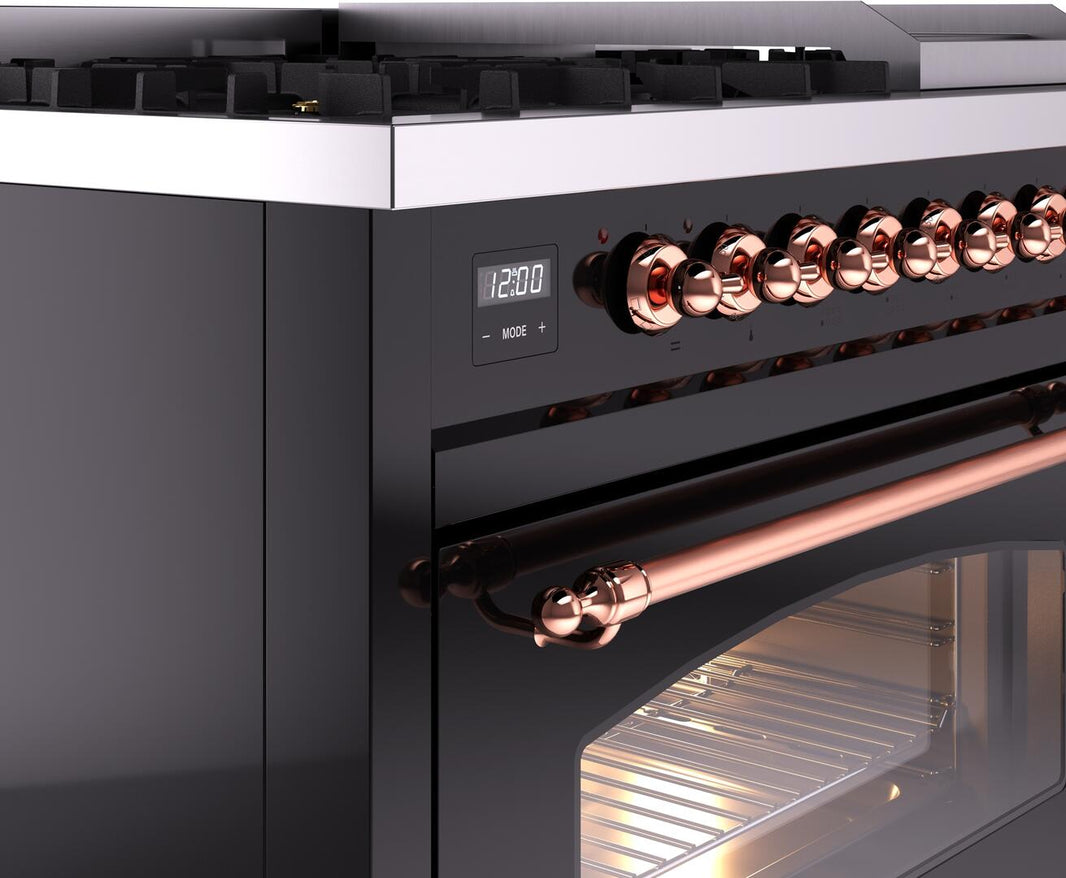 ILVE Nostalgie II 48-Inch Dual Fuel Freestanding Range in Glossy Black with Copper Trim (UP48FNMPBKP)