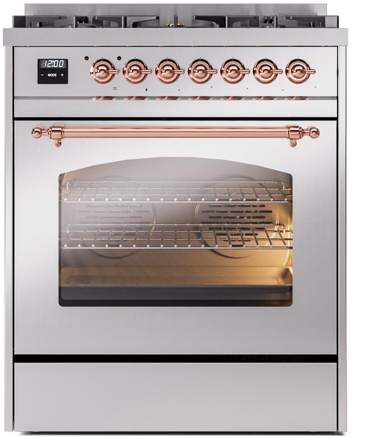 ILVE Nostalgie II 30-Inch Dual Fuel Freestanding Range in Stainless Steel with Copper Trim (UP30NMPSSP)