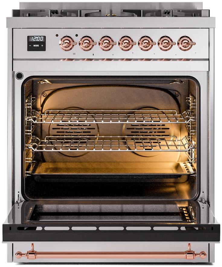 ILVE Nostalgie II 30-Inch Dual Fuel Freestanding Range in Stainless Steel with Copper Trim (UP30NMPSSP)