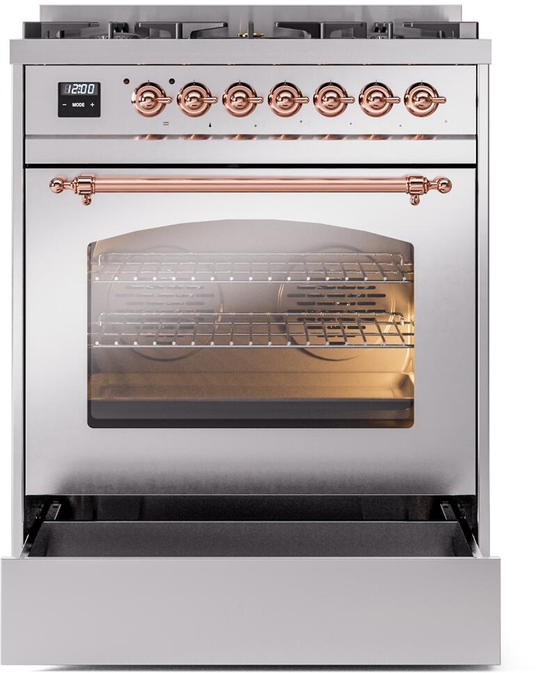 ILVE Nostalgie II 30-Inch Dual Fuel Freestanding Range in Stainless Steel with Copper Trim (UP30NMPSSP)