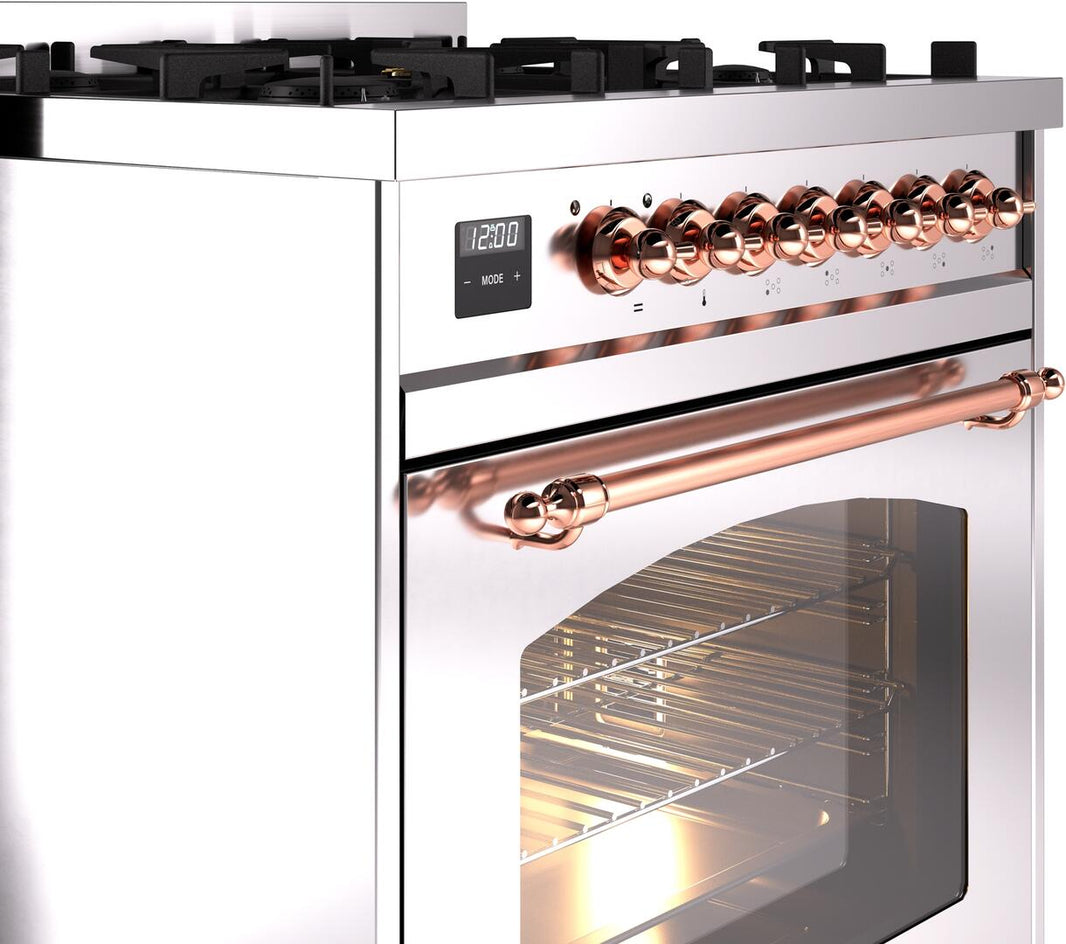 ILVE Nostalgie II 30-Inch Dual Fuel Freestanding Range in Stainless Steel with Copper Trim (UP30NMPSSP)