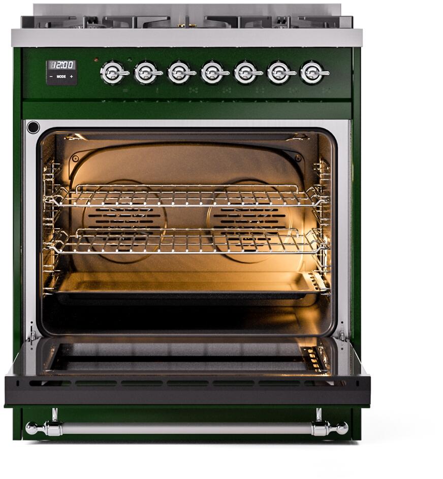 ILVE Nostalgie II 30-Inch Dual Fuel Freestanding Range in Emerald Green with Chrome Trim (UP30NMPEGC)