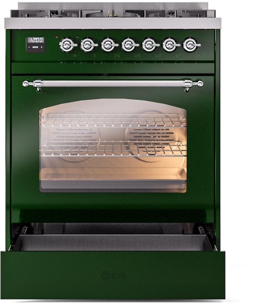 ILVE Nostalgie II 30-Inch Dual Fuel Freestanding Range in Emerald Green with Chrome Trim (UP30NMPEGC)