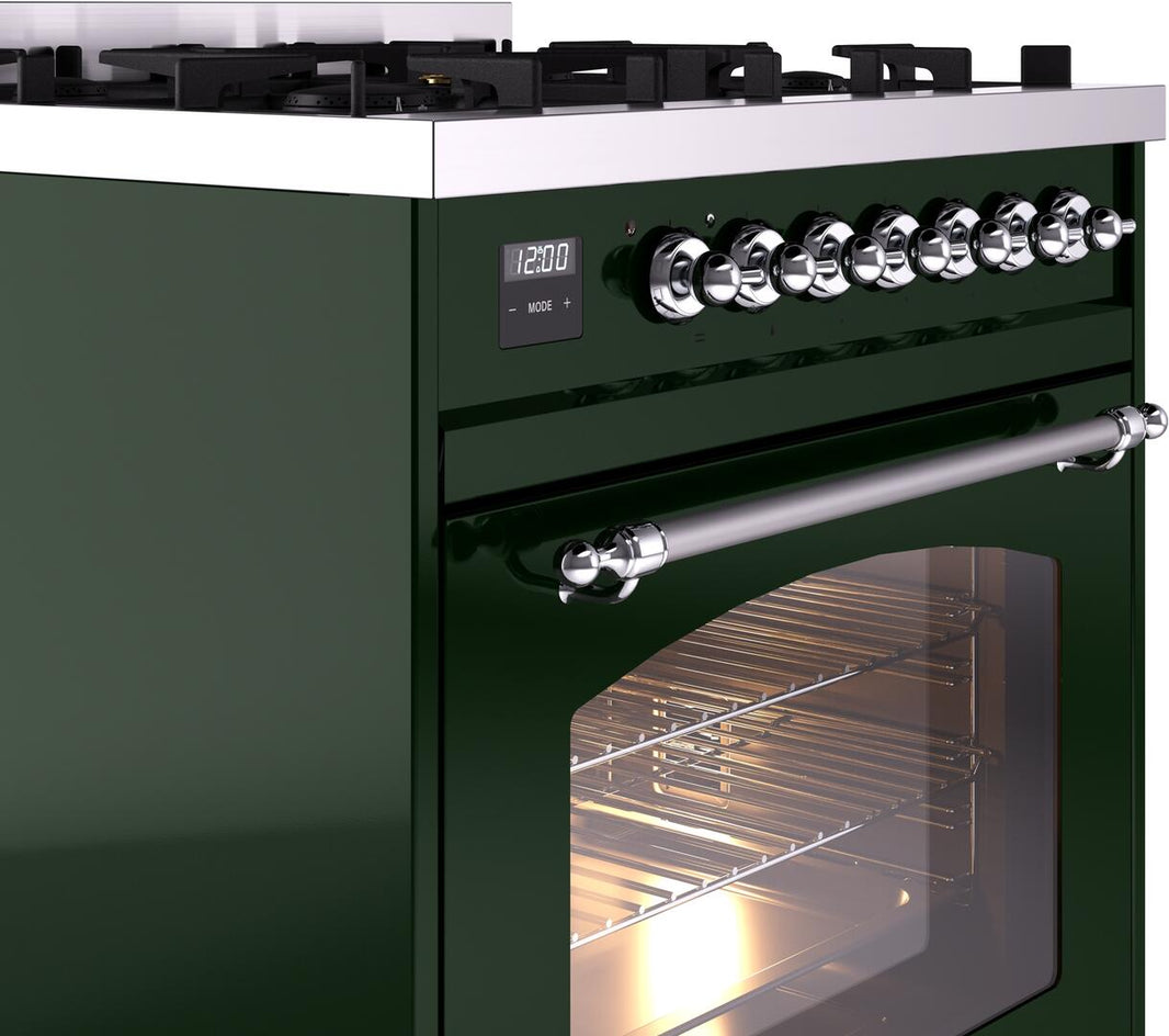 ILVE Nostalgie II 30-Inch Dual Fuel Freestanding Range in Emerald Green with Chrome Trim (UP30NMPEGC)