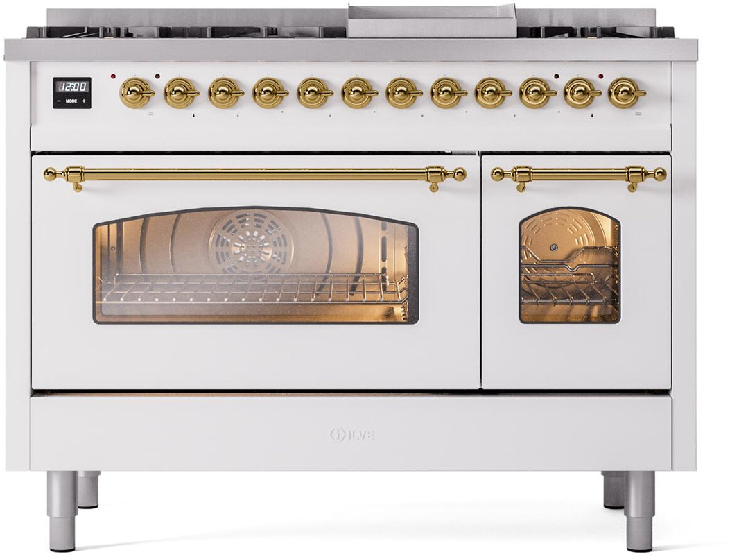 ILVE Nostalgie II 48-Inch Dual Fuel Freestanding Range in White with Brass Trim (UP48FNMPWHG)