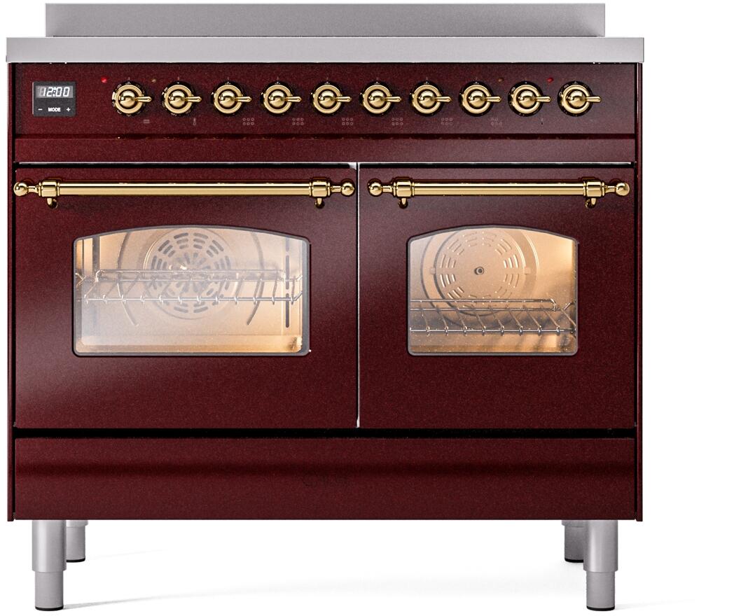 ILVE Nostalgie II 40-Inch Freestanding Electric Induction Range in Burgundy with Brass Trim (UPDI406NMPBUG)